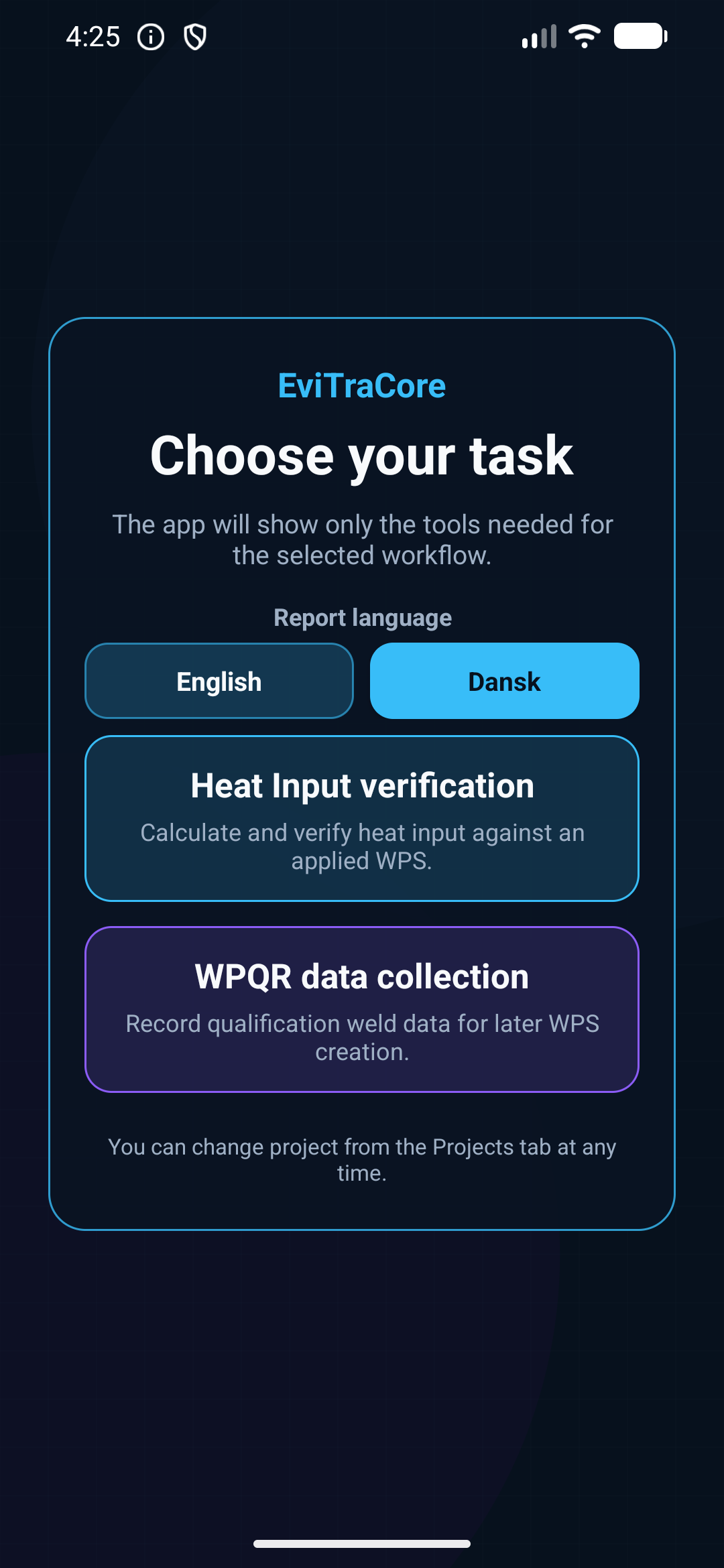 EviTraCore Heat Input app task chooser with Heat Input verification and WPQR data collection options.