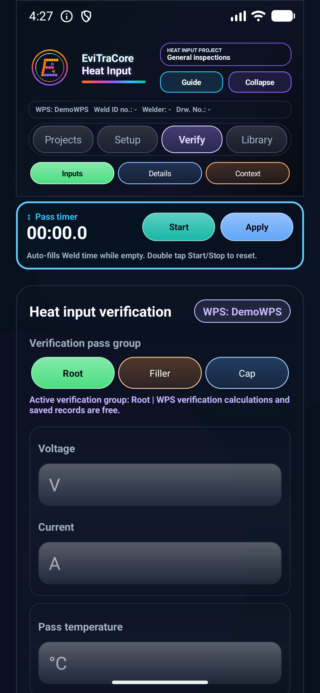 Heat input verification screen with pass timer, WPS status, pass groups, voltage, and current fields.