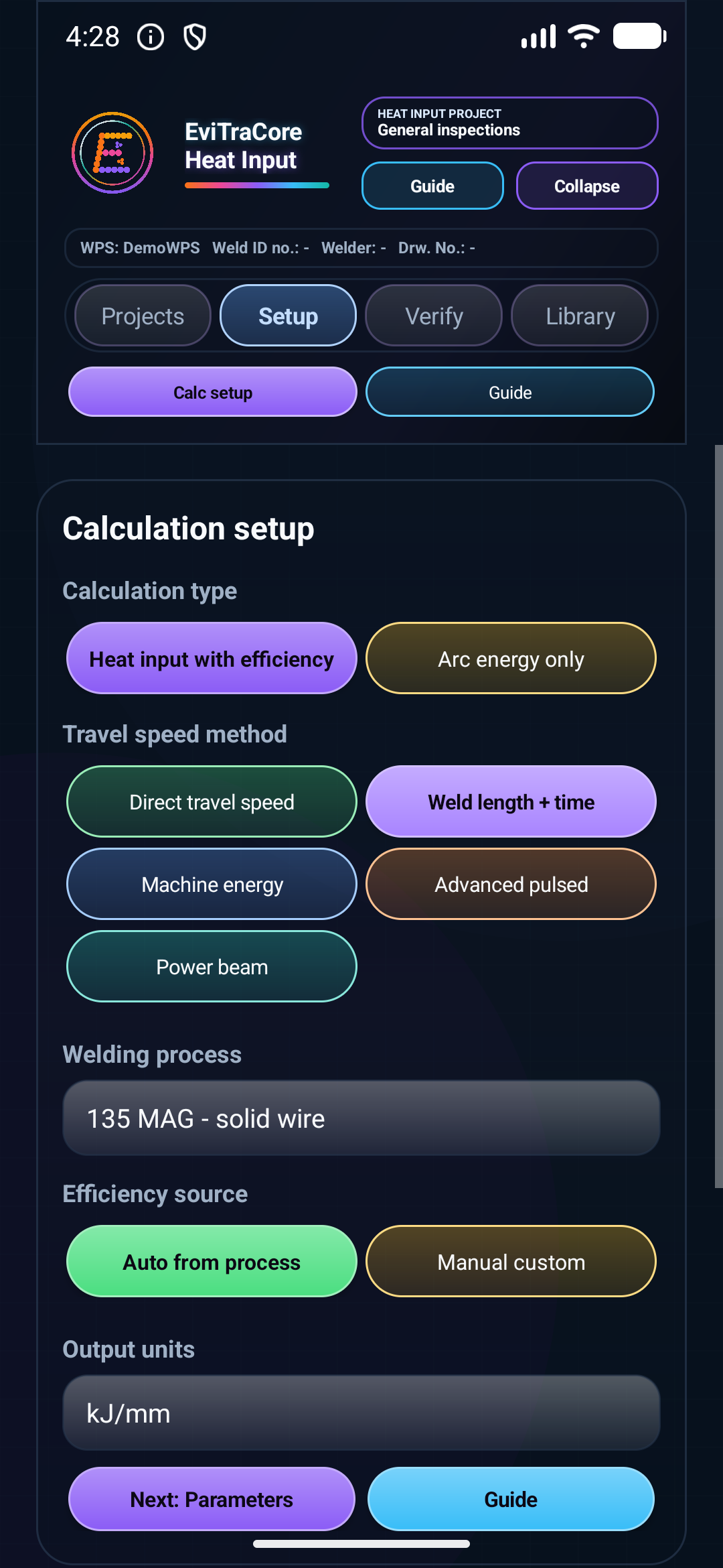 Calculation setup screen showing heat input methods, welding process, efficiency source, and output units.