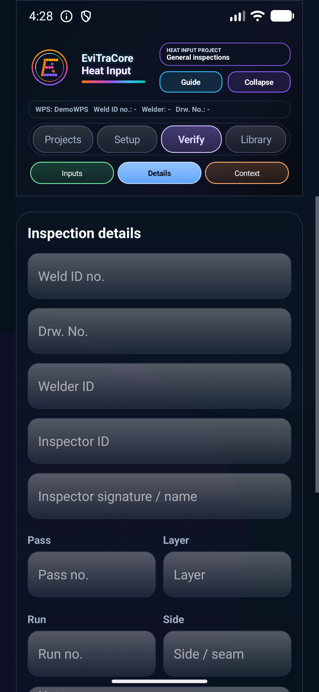 Inspection details screen with weld ID, drawing, welder, inspector, pass, layer, run, and side fields.