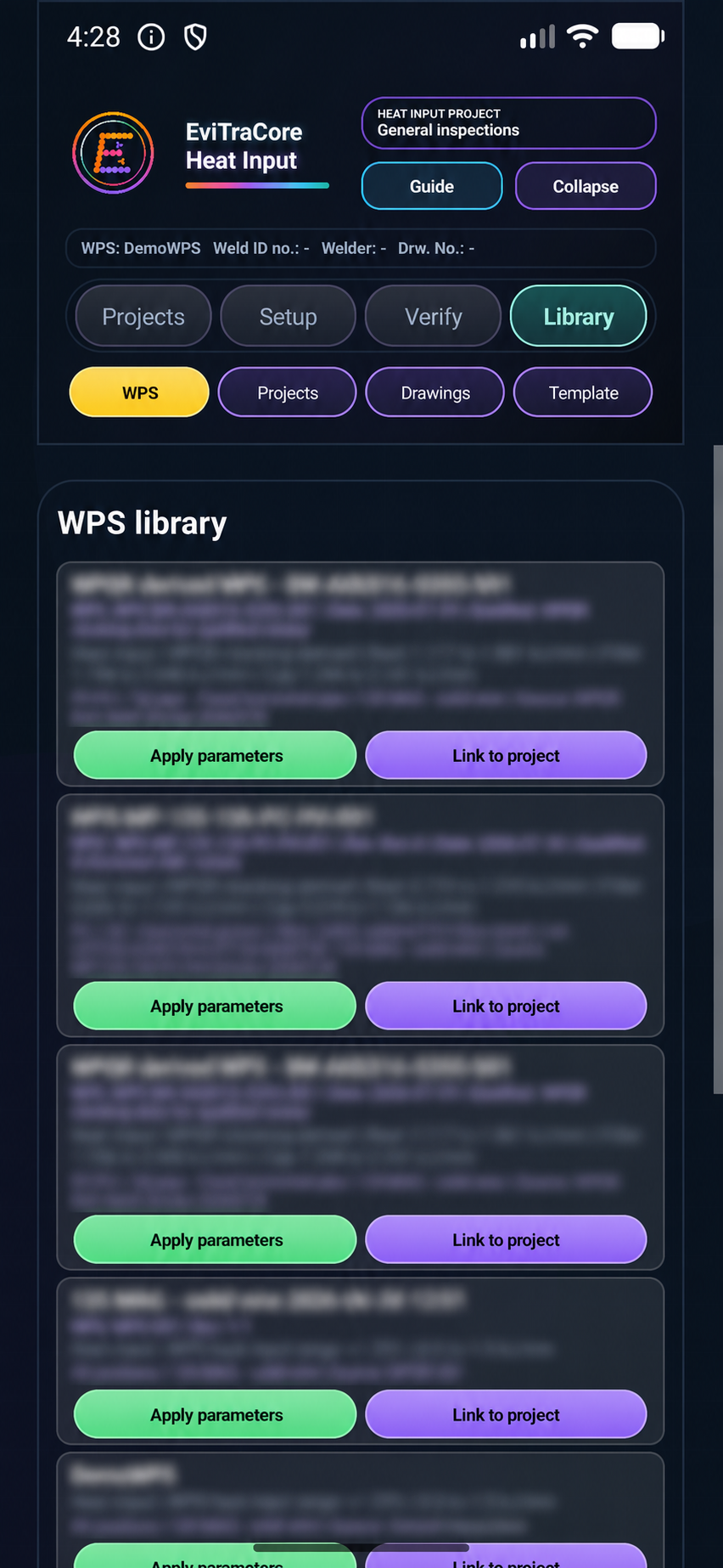 WPS library screen with record details blurred and Apply parameters and Link to project actions visible.