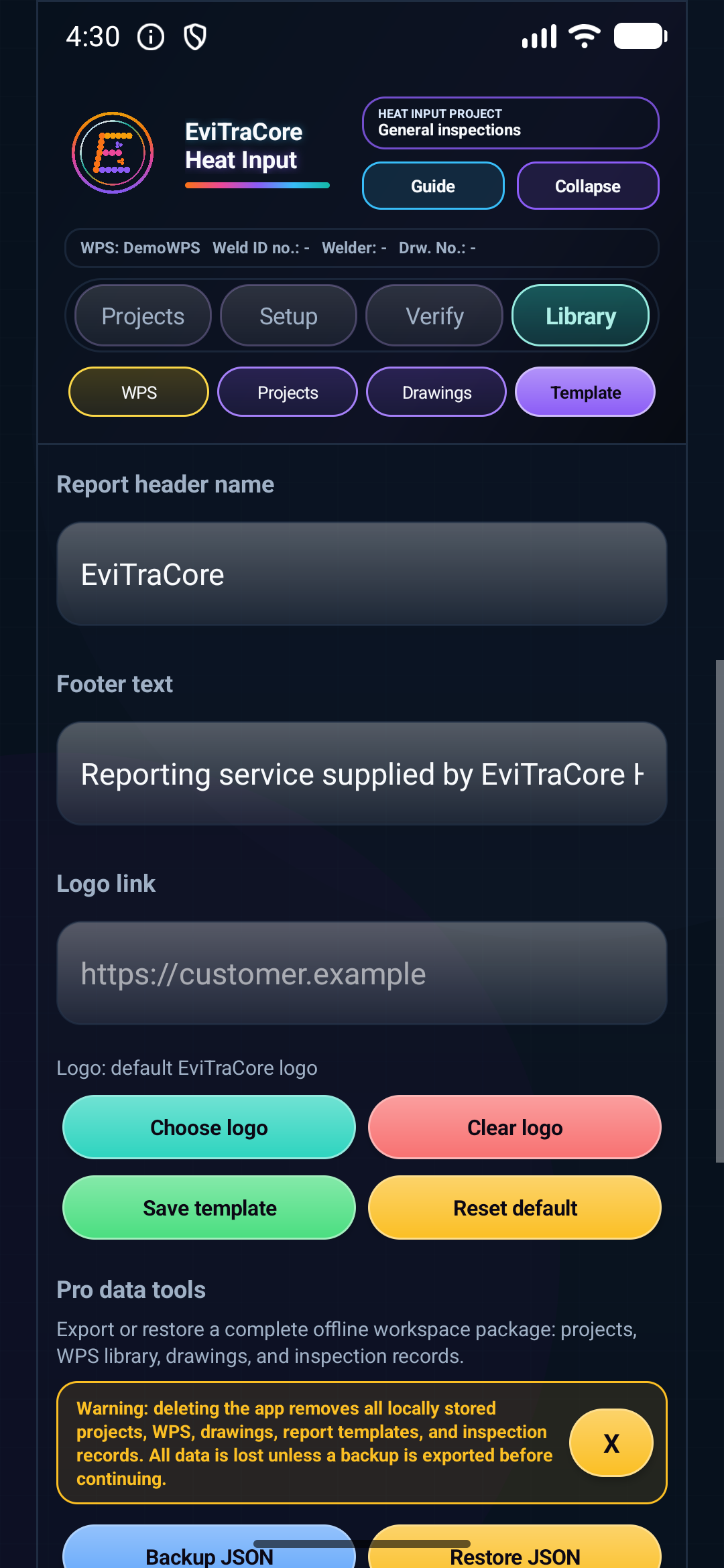 EviTraCore Pro report template screen with custom header, footer, logo link, and logo controls.