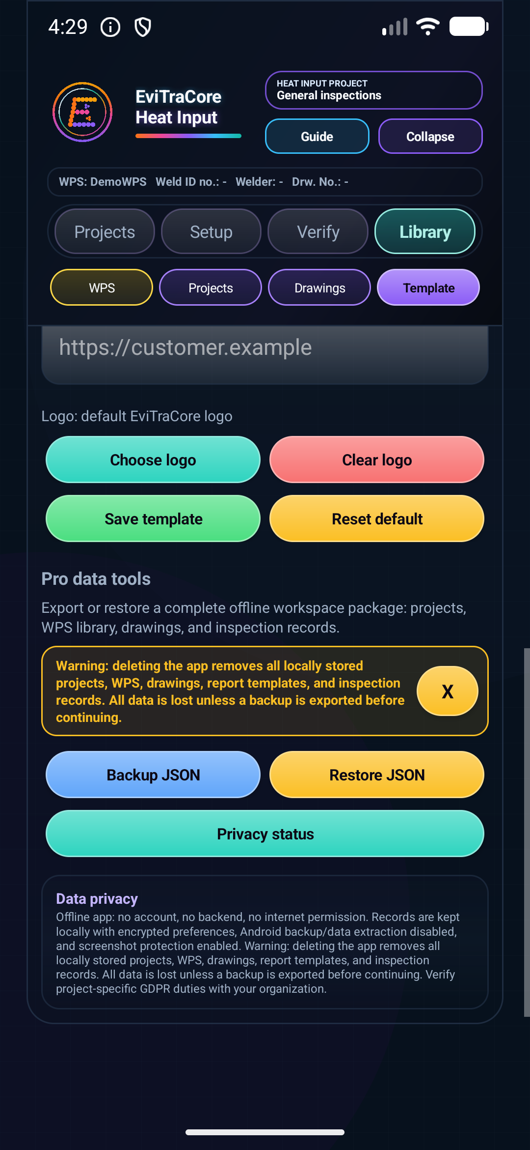 EviTraCore Pro data tools with backup, restore, privacy status, and offline data protection information.