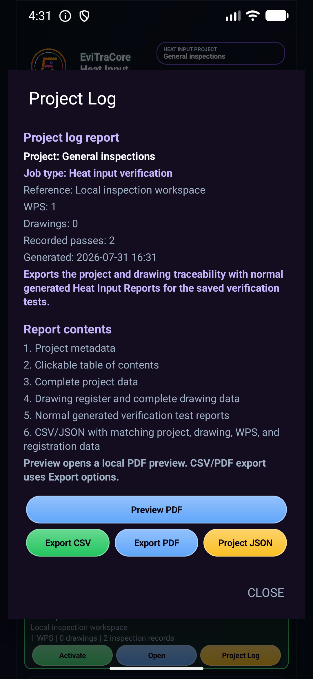 EviTraCore Pro Project Log dialog with report contents and PDF preview, CSV, PDF, and JSON export actions.