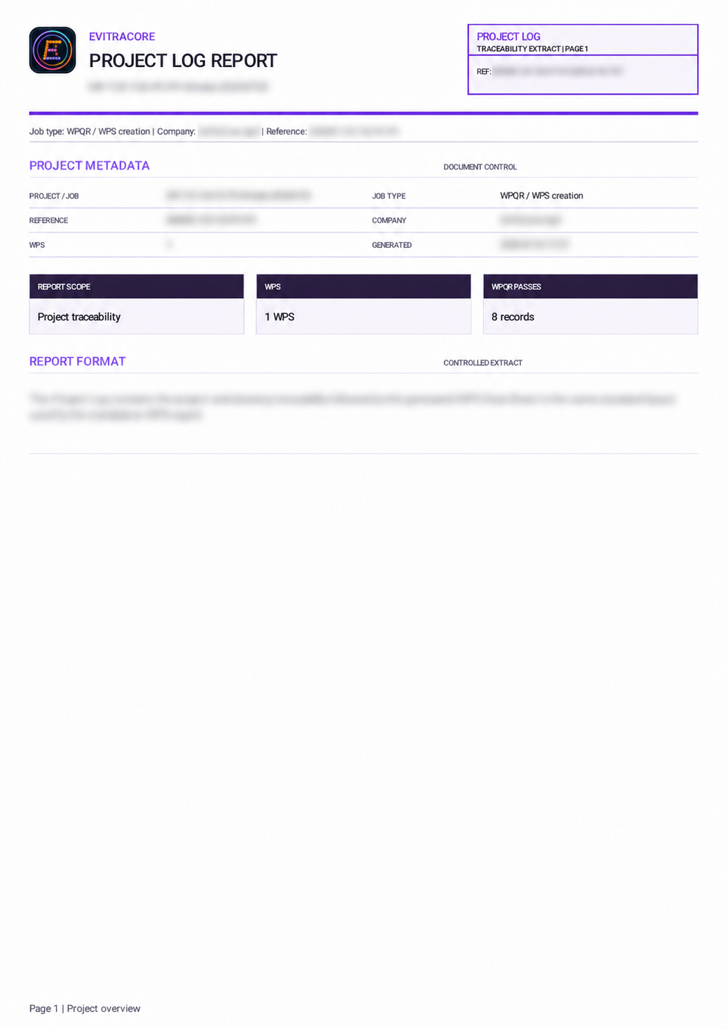 Generated EviTraCore Project Log Report with project identifiers and report details blurred.