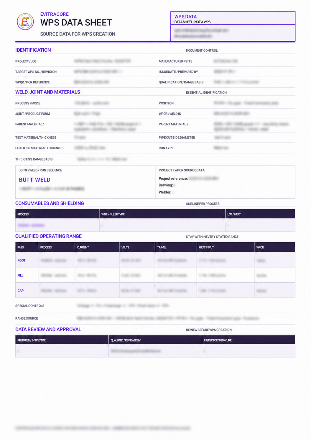 Generated EviTraCore WPS Data Sheet with field labels visible and entered values blurred.