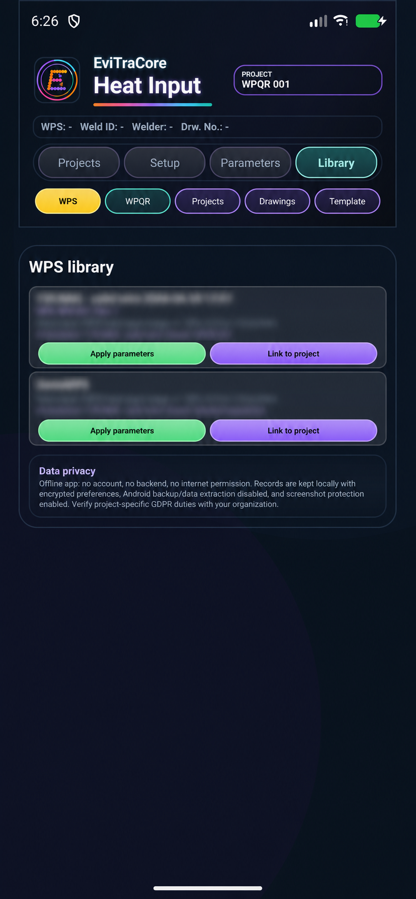 Heat Input WPS-bibliotek med slørede registreringsdetaljer