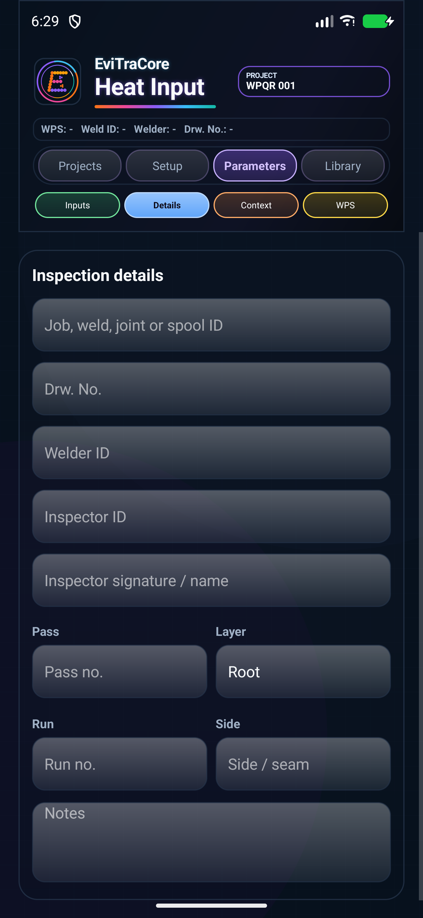 Heat Input inspektionsdetaljer